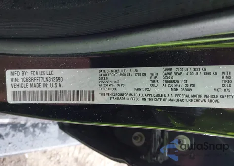 2020 Ram 1500 Big Horn 4X4 5'7 Box z USA, uszkodzony, nr VIN 1C6SRFFT7LN312690